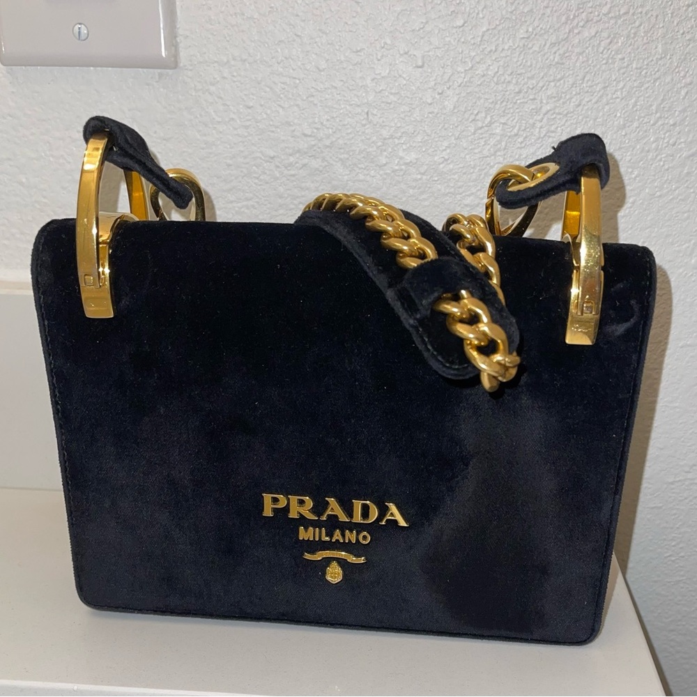 Prada Authentic black velvet Pattina handbag with gold chain.